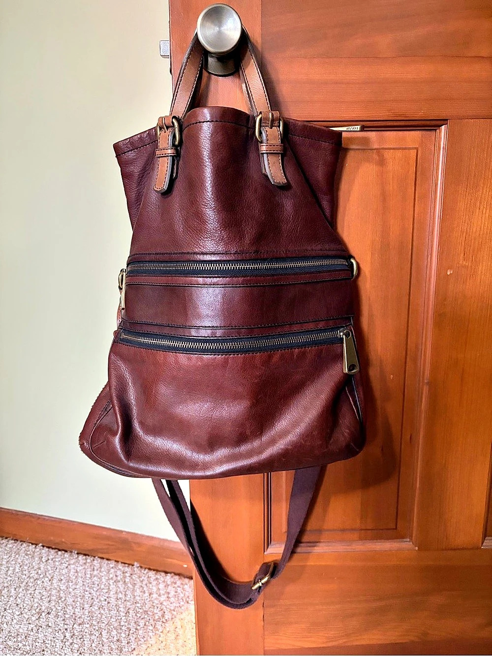 Vintage Fossil Explorer Foldover Leather Tote Brown with Wristlet